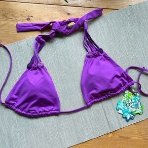 NWT BECCA Bikini Top Purple Rosette Halter Large Swim Beach Resort